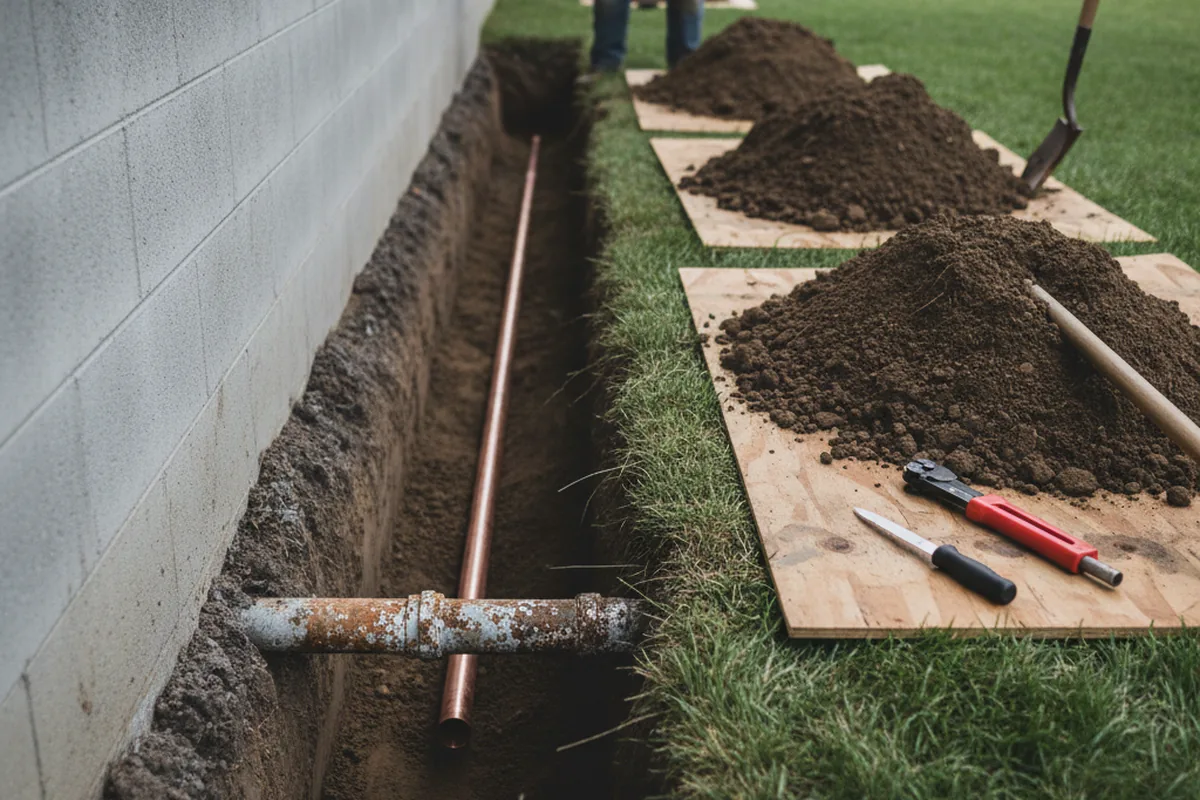 Excavated water line trench during Water Softener Installation in Leasburg